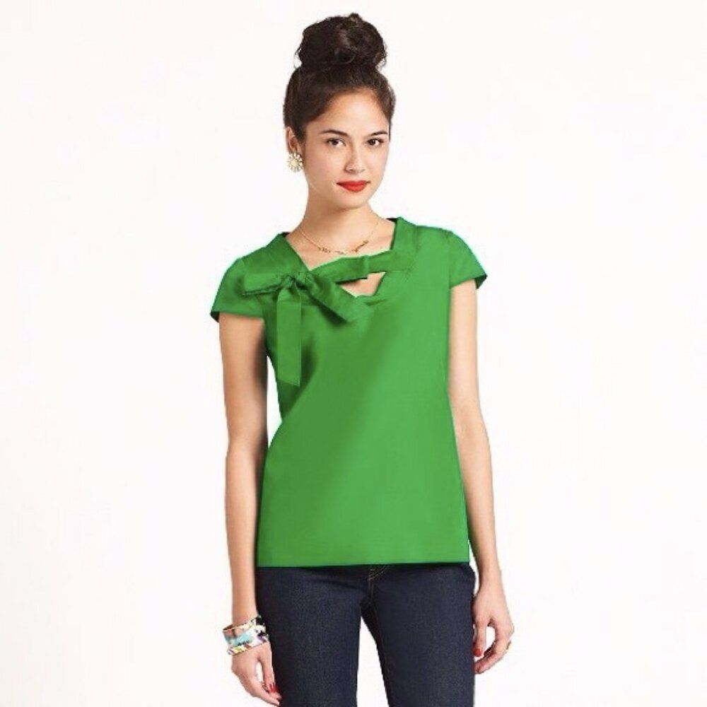Kate Spade emerald pine green silk Mariel cut out bow v-neck cap sleeve blouse